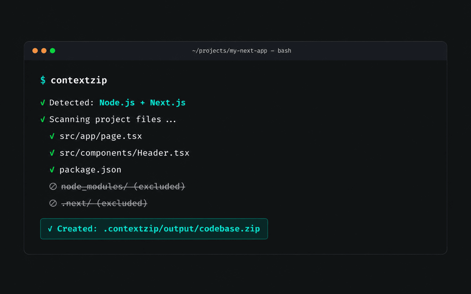 ContextZip running in a terminal: it detects Node.js + Next.js, packs src/app/page.tsx, src/components/Header.tsx and package.json, excludes node_modules/ and .next/, and creates .contextzip/output/codebase.zip.