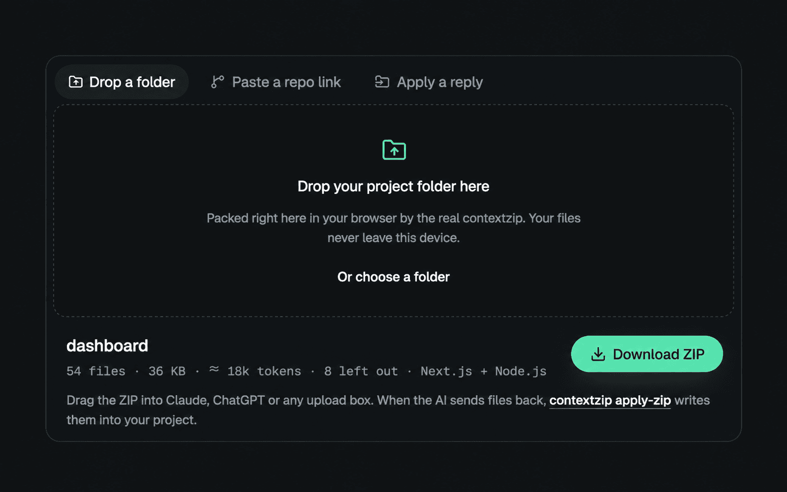 ContextZip's web version: drop a project folder into the browser and it packs it locally, here 54 files (36 KB, about 18k tokens, 8 left out) for Next.js + Node.js, with a Download ZIP button.