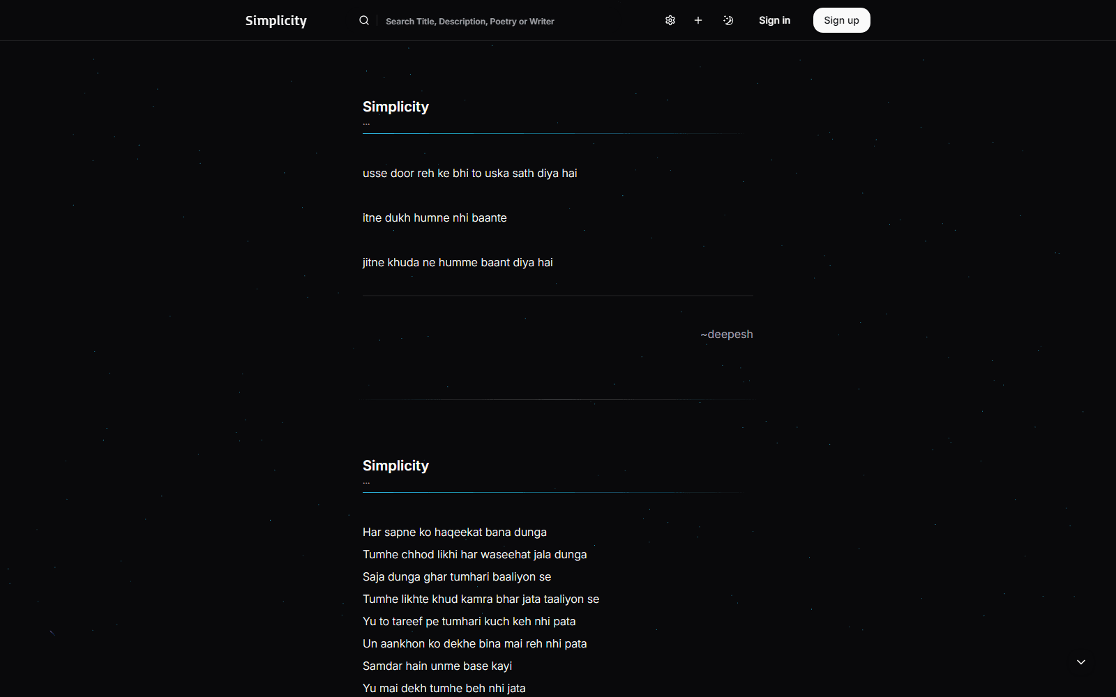 Simplicity's front page: a search bar for title, description, poetry or writer, and poems in white text on a dark, starry background, one signed ~deepesh.